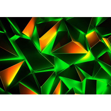 Fotobehang met digitale 3D-vlakken in groen en oranje, met lichtaccenten die een futuristische energie uitstralen.