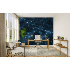 Fototapete mit digitaler Sechseckstruktur und blauen Neonlichtern in einem Spielzimmer.