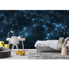 Fototapete mit digitaler Hexagonstruktur und abstrakten Mustern in einem verspielten Kinderzimmer.