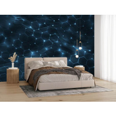 Fototapete mit digitaler Hexagonstruktur und blauem Schimmer in einem Schlafzimmer.