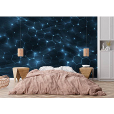 Fototapete mit digitaler Hexagonstruktur und abstrakten Mustern in einem Schlafzimmer.