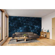 Fototapete mit digitaler Hexagon-Struktur und Hightech-Design in einem Wohnzimmer.