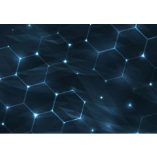 100 % Zoomfoto einer Fototapete mit digitaler Hexagonstruktur in Blautönen und futuristischem Licht.