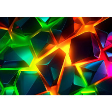 Fotobehang met digitale geometrische vlakken in een explosie van neonkleuren zoals groen, rood, blauw en geel.