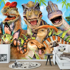 Eine Fototapete mit Dinosaurier-Figuren in einem verspielten Selfie-Stil für Kinder.