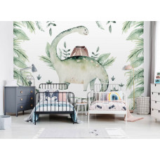 Eine Fototapete mit Dinosauriern und einem Dschungelthema mit botanischen Blättern für ein Kinderzimmer.