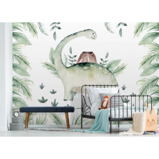 Eine Fototapete mit Dinosauriern und botanischen Blättern in einer farbenfrohen Umgebung für ein Schlafzimmer.