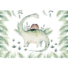 Eine Fototapete mit Dinosauriern und botanischen Blättern, perfekt für einen abenteuerlichen Look.