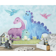 Verspielte und bunte Fototapete mit Dinosauriern für ein fröhliches Zimmer.