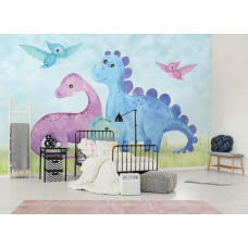 Fototapete mit Dinosauriern in fröhlichen Farben, ideal als Kindertapete.