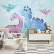 Vliestapete mit verspieltem Dinosauriermotiv für ein Kinderzimmer.