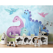 Fototapete mit lebhaftem Dinosauriermotiv für ein Babyzimmer.