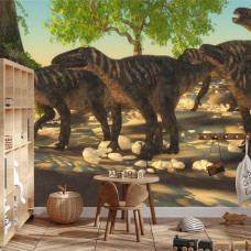 Eine Fototapete mit einer verspielten Dinosaurierfamilie, dargestellt in einem Jungenzimmer.