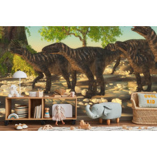 Eine Fototapete mit einer Dinosaurierfamilie, dargestellt in einem Kinderzimmer.