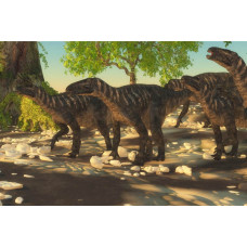 Eine Dino-Familie, bestehend aus verschiedenen Dinosaurierarten, dargestellt auf einer verspielten Fototapete.
