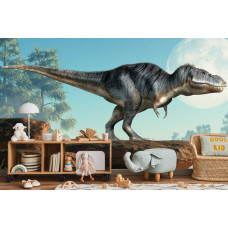 Eine Fototapete mit einem beeindruckenden Dinosaurier auf einem Felsen in einem Kinderzimmer.