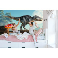 Eine Fototapete mit einem mächtigen Dinosaurier auf einem Felsen, angezeigt in einem Mädchenzimmer.