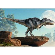 Ein Dinosaurier, der auf einem Felsen steht, während die umgebende Landschaft eine grandiose prähistorische Szene in dieser Fototapete bietet.