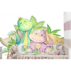 eine Fototapete mit einer verspielten Dinosaurierlandschaft in einem Babyzimmer.