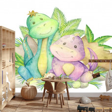 Eine Fototapete mit Dino-Freunden in einer farbenfrohen Umgebung, die in einem Jungenzimmer gezeigt wird.