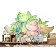 eine Fototapete mit gemütlichen Dinos in einer Kinderumgebung.