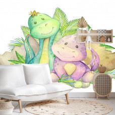 eine Fototapete mit fröhlichen Dino-Freunden, die in einem Spielzimmer gezeigt wird.