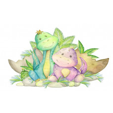 eine Fototapete mit Dino-Freunden, die gemeinsam durch eine prähistorische Umgebung reisen, mit einer spielerischen und abenteuerlichen Atmosphäre.