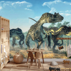 Eine Fototapete mit einem Dinosaurier in einer Waldlandschaft, die in einem Jungenzimmer gezeigt wird.