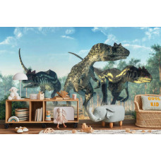 Eine Fototapete mit Dinosauriern in einer Waldlandschaft, die in einem Kinderzimmer gezeigt wird.