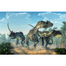 Dinosaurier bewegen sich durch den Wald, während Bäume und Pflanzen ihren Weg in dieser Fototapete skizzieren.