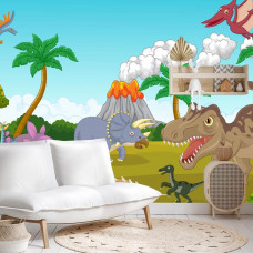 Eine Fototapete, die eine vulkanische Dinosaurierlandschaft zeigt, angezeigt in einem Kinderzimmer.