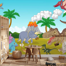 Eine Fototapete, die Dinosaurier in einem Dschungel mit einem Vulkan im Hintergrund zeigt, angezeigt in einem Jungenzimmer.