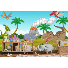 Eine Fototapete, die Dinosaurier vor einem Vulkan zeigt, angezeigt in einem Kinderzimmer.