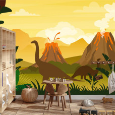Eine Fototapete mit bunten Dinosauriern in der Nähe eines Vulkans in einem Jungenzimmer.