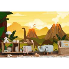 Eine Fototapete mit Dinosauriern in der Nähe eines Vulkans, gezeigt in einem Kinderzimmer.