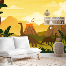 Eine Fototapete mit Dinosauriern in der Nähe eines aktiven Vulkans, gezeigt in einem Spielzimmer.
