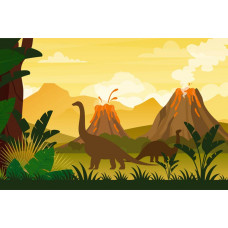 Fototapete mit Dinosauriern, die sich in der Nähe eines Vulkans bewegen, in einer dramatischen prähistorischen Umgebung.
