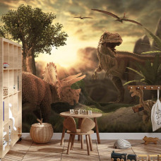 Eine Fototapete mit mehreren Dinosauriern in einem tropischen Wald, die in einem Jungenzimmer angezeigt wird.