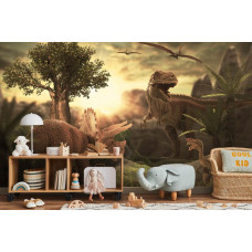 Eine Fototapete mit Dinosauriern in einer Dschungelumgebung, die in einem Kinderzimmer angezeigt wird.