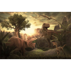 Fototapete mit Dinosauriern, die durch einen dichten Dschungel gehen, der von üppigen Pflanzen und Bäumen umgeben ist.