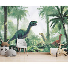 Fotobehang Dinosaurusland in een kinderkamer, waar het avontuurlijke jungletafereel met dinosaurussen de hele muur siert.