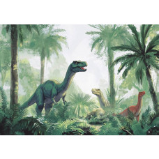 Fotobehang met drie dinosaurussen in een tropisch groen oerwoud, met palmbomen en varens op de voorgrond.