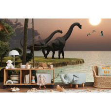 eine Fototapete mit Dinosauriern in einer lebendigen Umgebung, die in einem Kinderzimmer angezeigt wird.