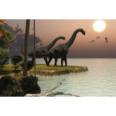 eine Fototapete mit Dinosauriern, die sich entlang eines Gewässers bewegen, mit einem ruhigen Hintergrund der Natur.