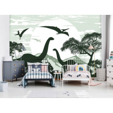 Eine Fototapete mit Dinosauriern für das Babyzimmer.