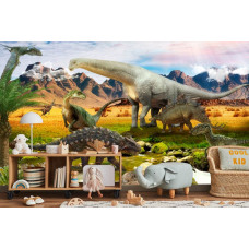 Eine Fototapete mit einer ruhigen Flusslandschaft mit Dinosauriern, dargestellt in einem Kinderzimmer.