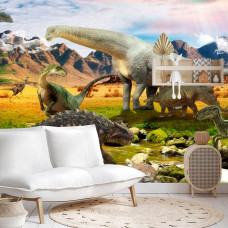 Eine Fototapete mit Dinosauriern an einem ruhigen Fluss, dargestellt in einem Spielzimmer.
