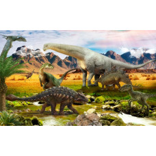 Dinosaurier bewegen sich an einem Fluss, dargestellt in einer lebendigen Fototapete, die Natur und Dinosaurier kombiniert.