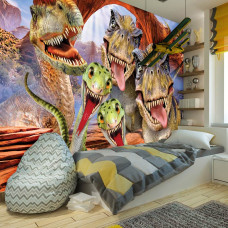 Eine Fototapete mit verspielten Dinosauriern in einem kinderfreundlichen Stil.