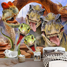 Eine Fototapete mit Dinosauriern im lustigen Selfie-Stil für ein Jungenzimmer.